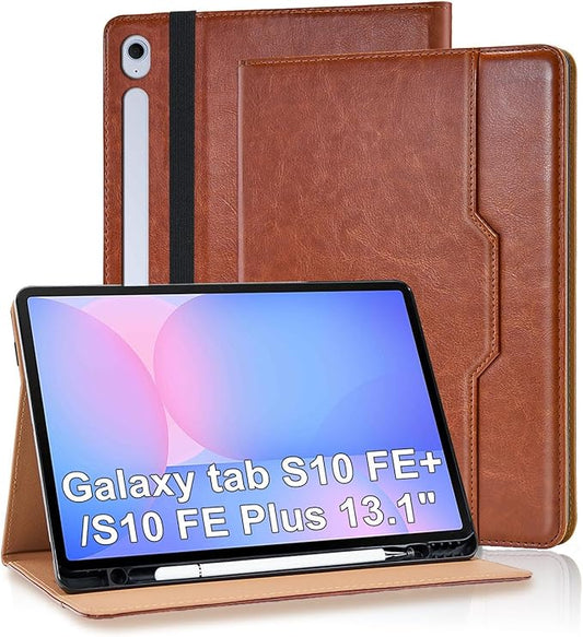 Case for Samsung Galaxy S10 Fe Plus 13.1 inch with S Pen Holder, PU Leather with Hand Strap Folio Flip Cover for Galaxy S10 FE+ with Pockets Auto Sleep/Wake for Man Woman, Brown