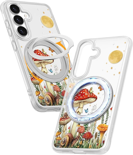 for Samsung Galaxy S25 Case with 360° Rotatable Magnetic Ring - Compatible with MagSafe, Semi-Transparent Soft-Touch Material Shockproof, Cute Mushroom & Butterfly Design for Women Girl