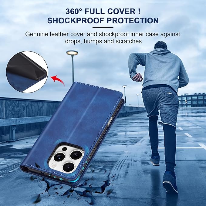 Jasonyu Flip Wallet Case for iPhone 16 Pro,Leather Magnetic Folio Cover with Card Holder,Kickstand - TPU Shockproof Durable Protective Phone Case,Blue