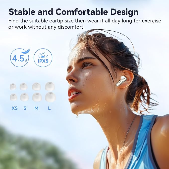 EarFun Air 2 NC Wireless Earbuds, Adaptive Hybrid Noise Cancelling Earbuds, 6 Mics AI ENC Call, Hi-Res Sound, 40H Playtime, Bluetooth 5.3, LDAC, Multipoint Connection, Wireless Charge, White