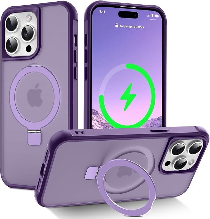 Magnetic Compatible with iPhone 14 Pro Case with Stand [Military Grade Drop Tested][Compatible with Magnet] Ring Translucent Slim Hard Back Soft Edge, Purple