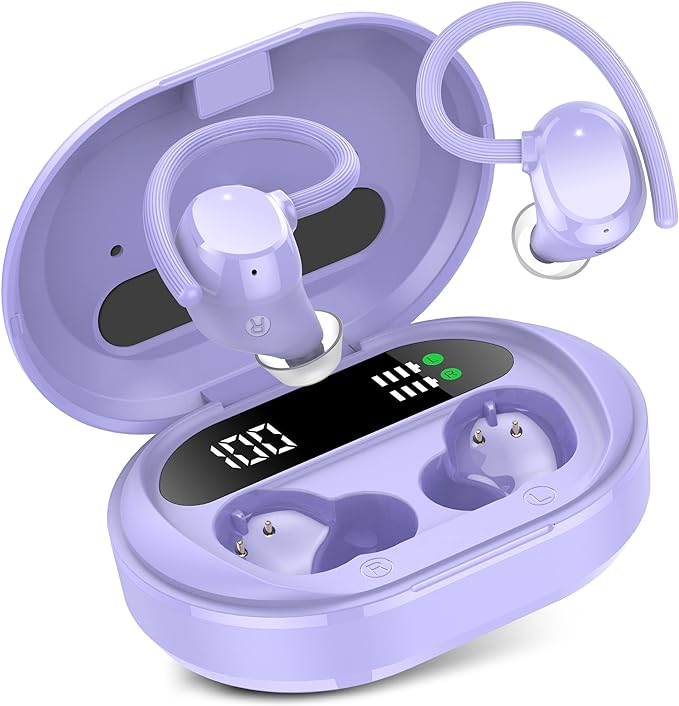 Wireless Earbuds, 2023 New Ultralight Sport Bluetooth 5.3 Headphones In Ear with LED Display, Built-in Mic Earphones, IPX7 Waterproof Wireless Headphones with Earhooks for Gym Workout (Purple)