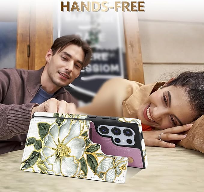 NNH Compatible with Samsung Galaxy S25 Ultra Wallet Case with RFID Blocking Card Slots Flip PU Leather Kickstand Double Magnetic Clasp Design Cover for Galaxy S25 Ultra(6.8 inch-Magnolia Flowers)