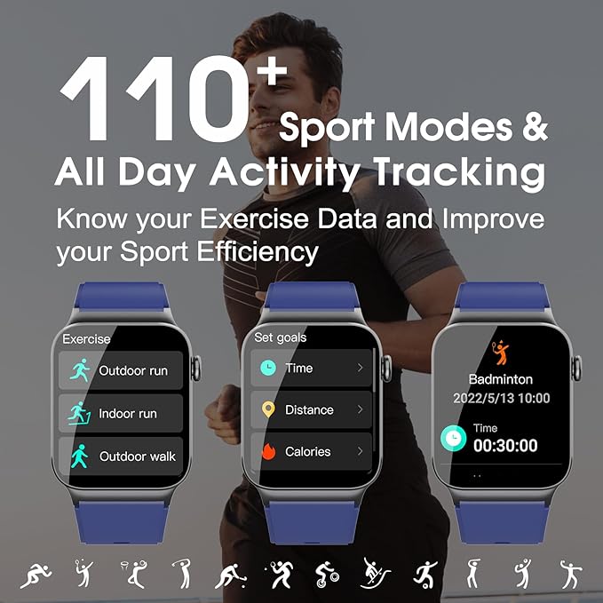 Smart Watch for Men Women Bluetooth Call, 1.85" HD Screen Smartwatch with Heart Rate/Sleep Monitor, 110+ Sport Modes Activity Trackers IP68 Waterproof, Fitness Watch Android iOS, Deep Blue