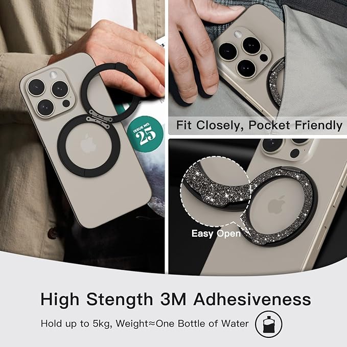 COOLQO Upgraded Magnetic Phone Ring Holder Stand, Super Magnet Cell Phone Grip Finger Kickstand Compatible with MagSafe Mag Safe Accessory for iPhone All Smartphones (1-Glitter Black)