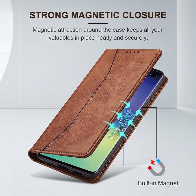 Jasonyu Flip Wallet Case for Samsung Galaxy S10 Plus,Leather Magnetic Folio Cover with Card Holder,Kickstand - TPU Shockproof Durable Protective Phone Case,Brown