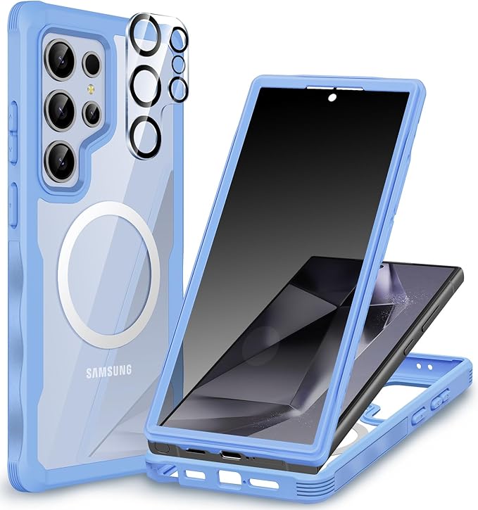 CENHUFO Magnetic Privacy for Samsung Galaxy S24 Ultra Case, Full Body Phone Case with Built-in Privacy Screen Protector and Camera Lens Cover, Anti Peep Shockproof Protective Clear Bumper - Blue