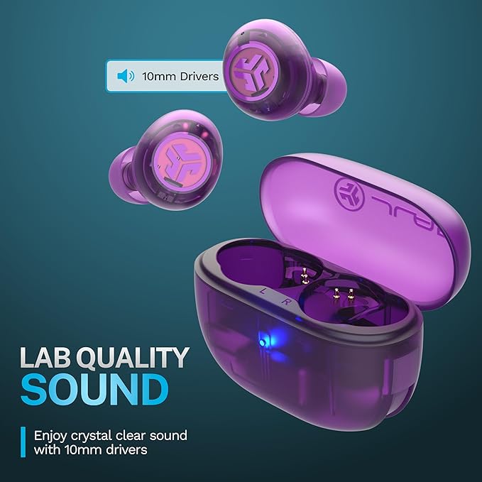 JLab Go Pop ANC True Wireless Earbuds & Charging Case, Transparent Purple, Active Noise Cancelling, 10mm Drivers, Dual Connect, Customize Your Sound with App, Be Aware Mode, MEMS Microphone