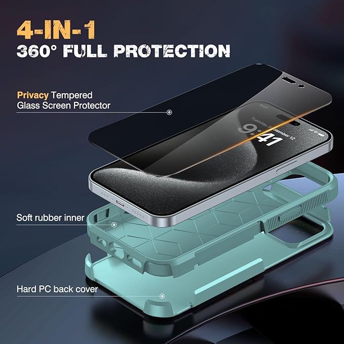 Diaclara Designed for iPhone 15 Pro Max Case, [with Privacy Screen Protector] [Anti Spy] [Military Grade Drop Protection] Heavy Duty Full-Body Shockproof Phone Case, Mint Green