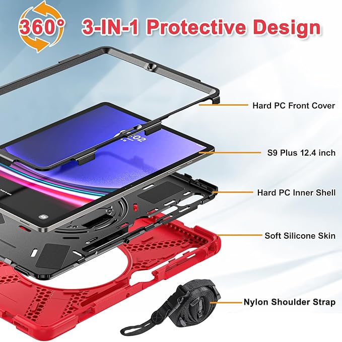 BRAECNstock for Samsung Galaxy Tab S10+ Plus/ S9 FE+ Plus/ S9+ Plus/ S8+ Plus/ S7 FE/ S7+ Plus 5G Tablet Case 12.4 inch Shockproof Protective Kids Cover with Pen Holder Rotating Stand+Hand Strap - Red