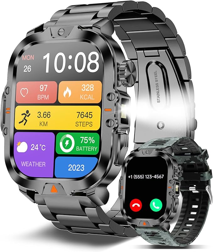 Smart Watch for Men Military Answer/Make Call 2.01″ Display 170+ Sports Modes Fitness Smart Watch IP68 Waterproof 30 Days Standby Smartwatch for Android iOS Black Camouflage Silicone Strap