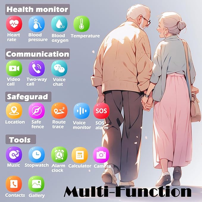 Elderly 4G GPS Smart Watch Waterproof Senior Real-Time Tracking Phone Video Call SOS Emergency Alarm Voice Message Geo-Fence Touch Screen Pedometer Anti-Lost Tracker Father Mother's Day Global Version