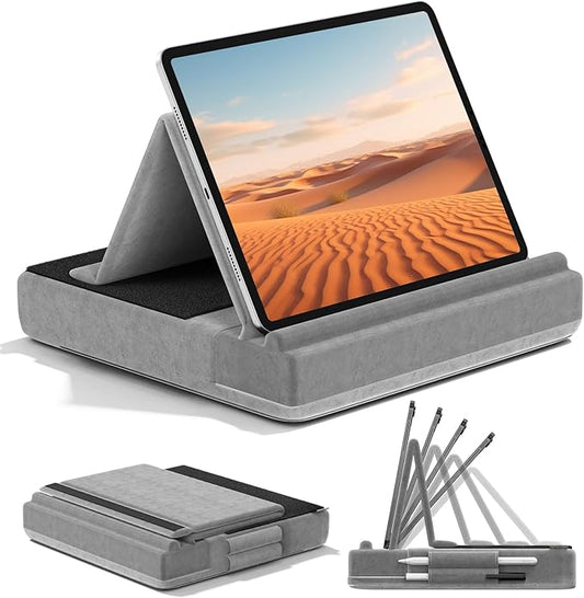 KDD Tablet Pillow Stand, Multi-Angle Viewing Ipad Holder for Lap, Bed and Desk, Foldable Soft Pad Dock with Stylus Mount Compatible with Ipad Pro 12.9, 10.5, 11, Air, Mini, Phones, Books, E-Reader