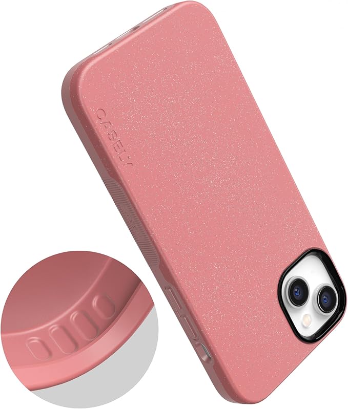 Casely iPhone 14 Case | Starfish Wishes | Coral Pink Shimmer Glitter | Bold Protective Design | Compatible with MagSafe