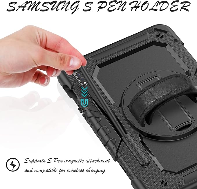 Case for Samsung Galaxy Tab S8/S7 11-inch 5G Tablet Case 2022/2020, [with Tempered Glass Screen Protector],360° Rotating Kickstand/Hand & Shoulder Strap/S Pen Holder (Black)