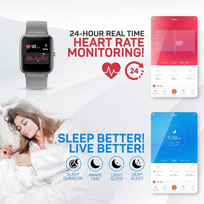 OCTANDRA Move VeryFitPro Smart Watch HR Heart Rate Sleep Monitor IP68 Waterproof Activity Fitness Tracker Step Counter Pedometer Exercise Running Watch Fitness Watches for Men & Women (ID205L) (Grey)