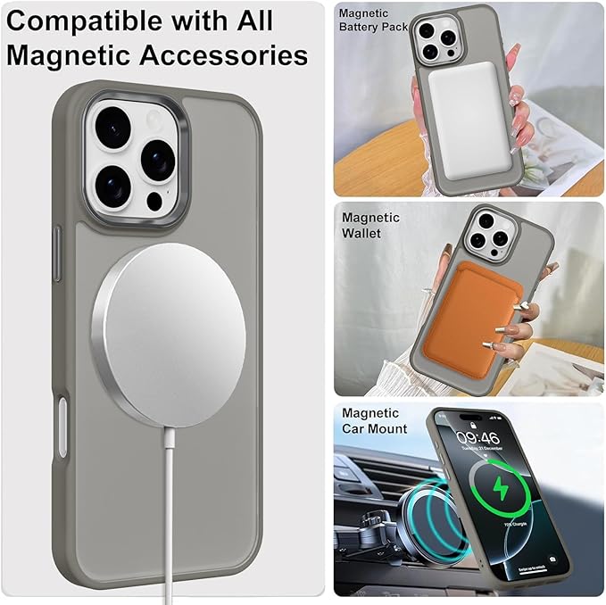 ZIYE Gray Case for iPhone 16 Pro Case with Stand [Compatible with MagSafe] Slim Heavy Duty Protection Military Grade Shockproof Magnetic Cover with 360 Rotatable Ring Kickstand for Women Men