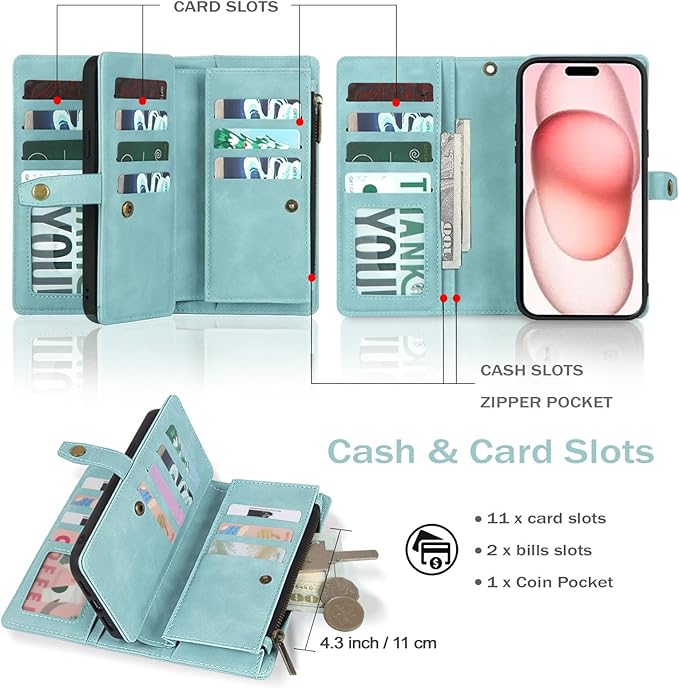 TwoHead Wallet Case Compatible with iPhone 15,Detachable Magnetic Phone Case,All-Round Protective Leather Phone Case with Card Holder,6.1 in,Blue