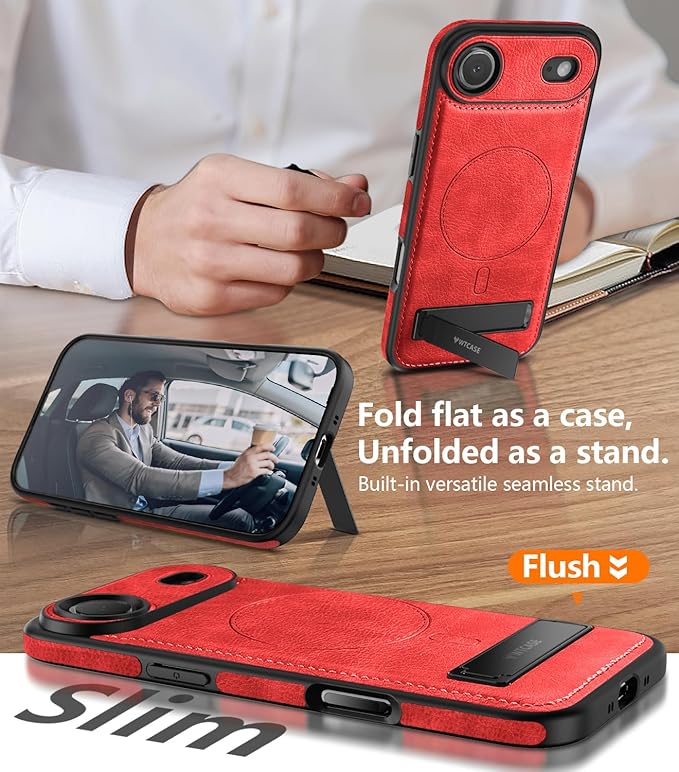 Magnetic for iPhone Air Leather Case,Built-in Invisible Stand [Compatible with Magsafe] Protective Slim Kickstand Phone Cover for iPhone Air Case, Red