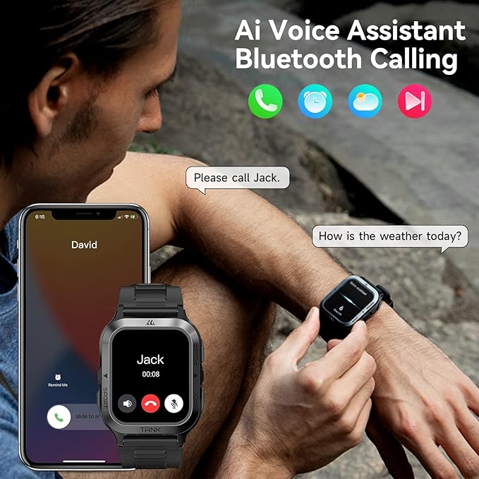 AMAZTIM Smart Watch, 60 Days Extra-Long Battery, 50M Waterproof, Rugged Military Bluetooth Call(Answer/Dial Calls), 1.85" Ultra Large HD Display, AI Voice Assistant, Compatible for Android and iOS