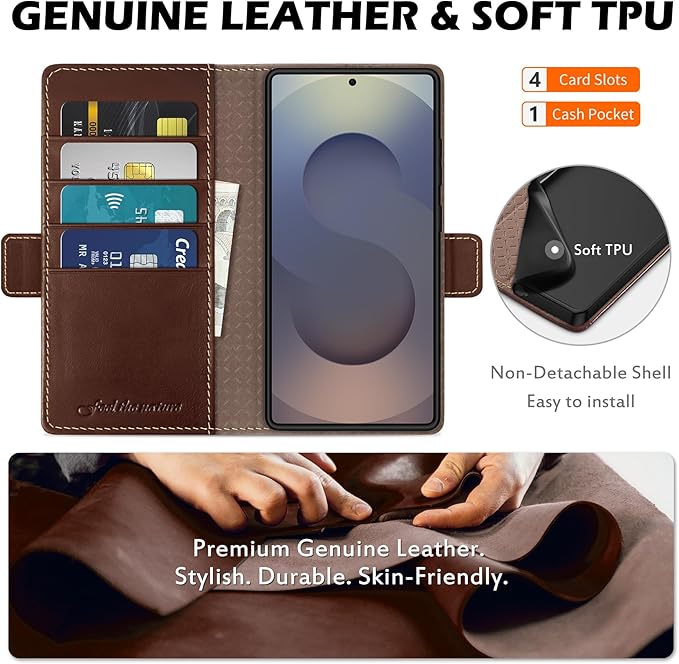 SHIELDON Case for Galaxy S25 Ultra 5G, Genuine Leather Folio Wallet Magnetic Kickstand RFID Blocking Card Slots Shockproof Protective Cover Compatible with Galaxy S25 Ultra 6.9" 2025 - Retro Coffee