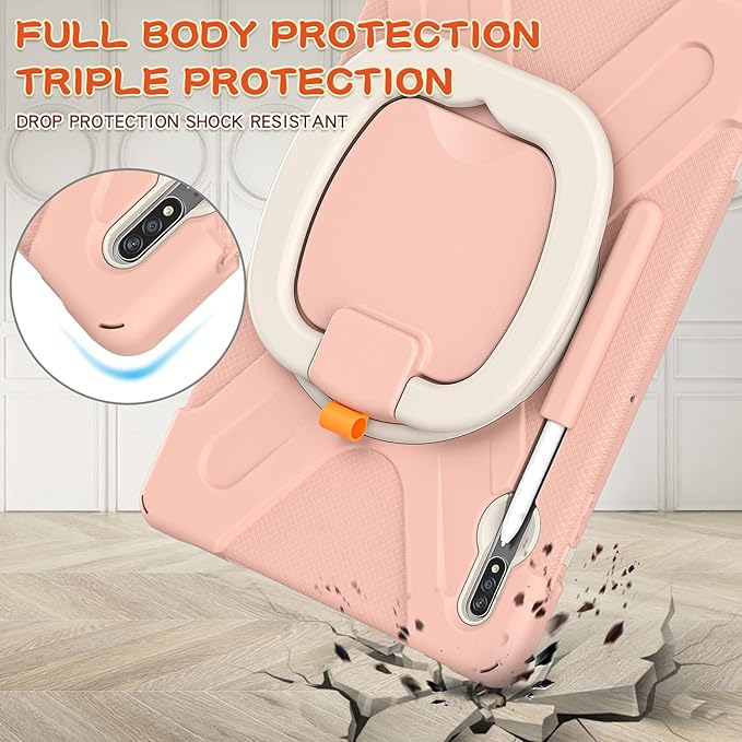 360 Rotation Portable Case for Galaxy Tab S8+/S7 FE/S7+ 12.4 Inch with S Pen Holder Rugged Rotating Stand Hand Strap Shoulder Carrying Outdoor Cover (Pink)