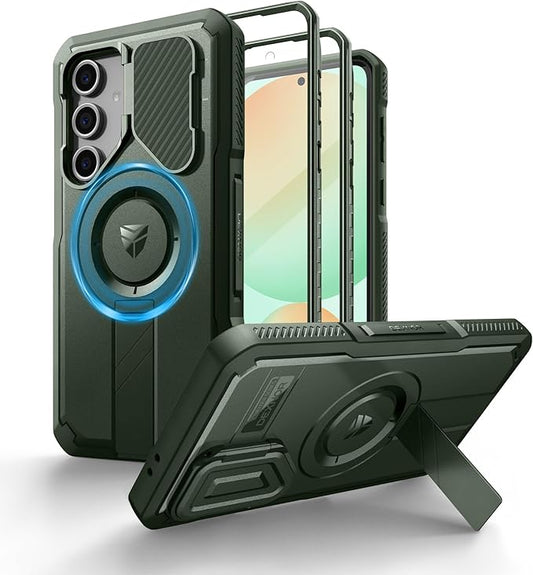 Dexnor for Samsung Galaxy S24 FE Case with Camera Cover & Adjustable Kickstand & Built-in Screen Protector, Magnetic Rugged Shockproof Bumper Cases Heavy-Duty Magnetic Protective Cover,Army Green