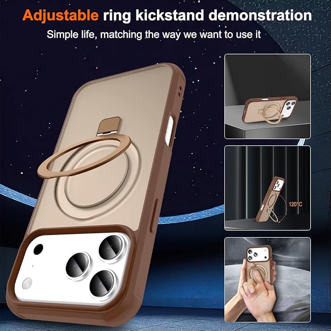 Magnetic Compatible with iPhone 17 Pro Case with Stand [Military Grade Drop Tested][Compatible with Magnet] Ring Translucent Slim Hard Back Soft Edge, Desert Gold