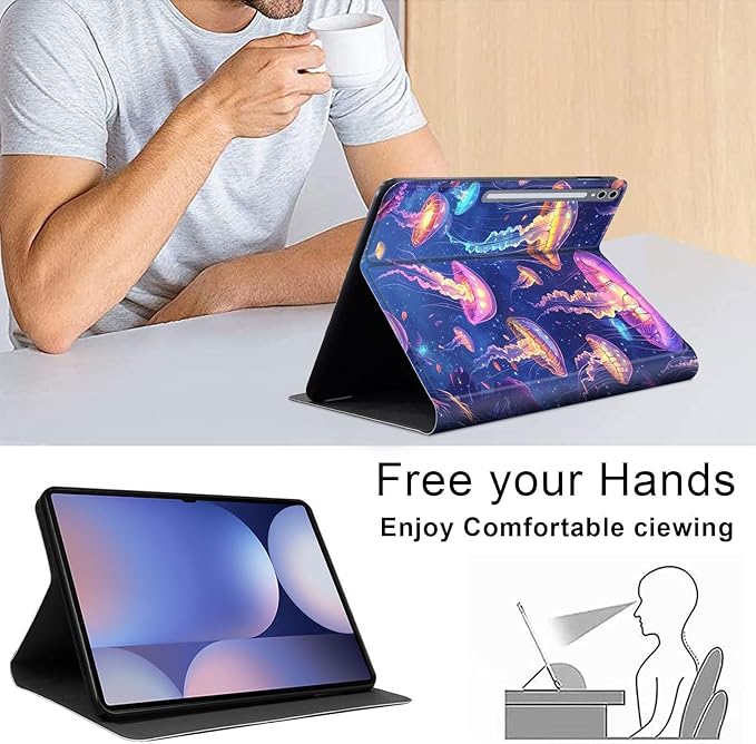 Case for Samsung Galaxy Tab S10 Plus/ S9 FE Plus/ S9 Plus 5G Tablet 12.4'', Slim PU Leather Stand Cover with Auto Wake/Sleep, Multi-Angle Viewing & Shockproof, Glowing Jellyf