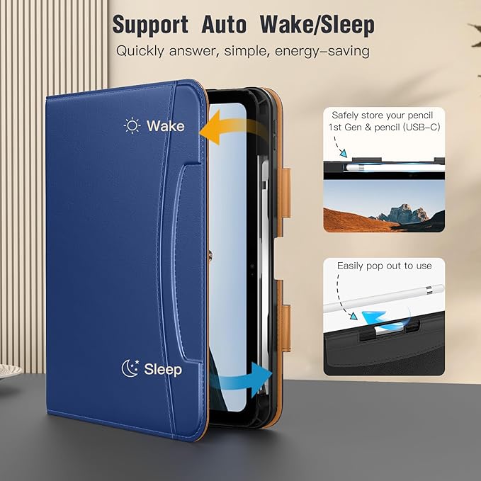 MoKo for iPad (A16) 11th Generation Case 11 inch 2025, iPad 10th Generation Case 10.9" 2022 with Pencil Holder & Pocket, Premium Leather Folio Stand Cover, Multiple Viewing Angles, Navy Blue