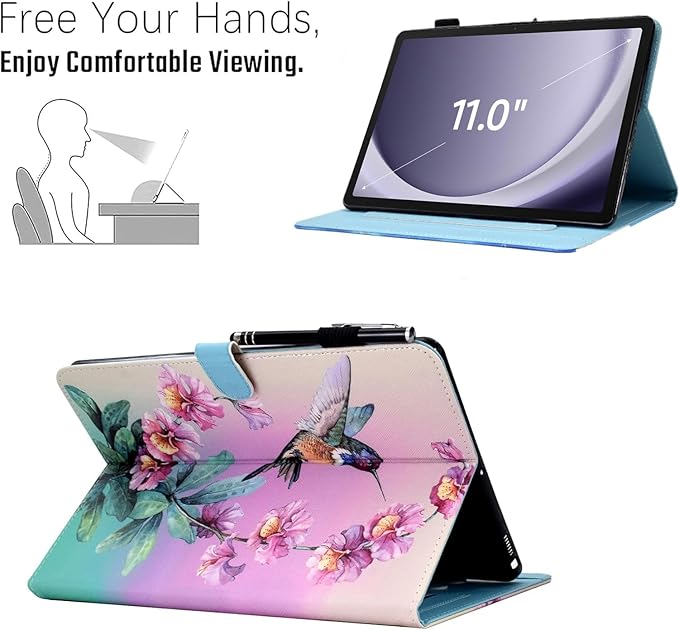 KEROM for Galaxy Tab A9 Plus Case 11 Inch 2024 2023 (SM-X210/X216/X218), Samsung Galaxy A9 Plus Tablet Case, PU Leather Stand Cover for Galaxy Tab A9+/A9 Plus, Auto Wake/Sleep - Hummingbird