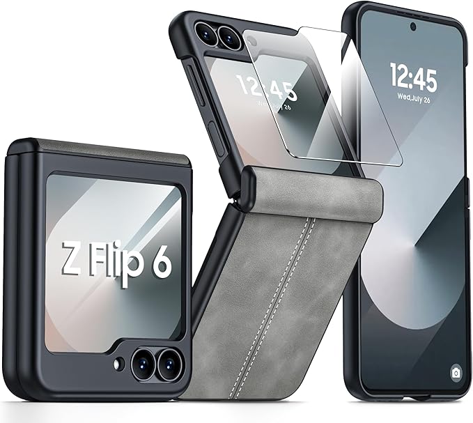 for Samsung Galaxy Z Flip 6 Case/Z Flip 7 FE Case with Hinge Protection & Built-in Screen Protector, Ultra Thin Leather Shockproof Cover Phone Case for Galaxy Z Flip 6/Z Flip 7 FE-Gray