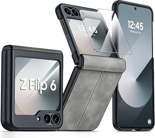 for Samsung Galaxy Z Flip 6 Case/Z Flip 7 FE Case with Hinge Protection & Built-in Screen Protector, Ultra Thin Leather Shockproof Cover Phone Case for Galaxy Z Flip 6/Z Flip 7 FE-Gray