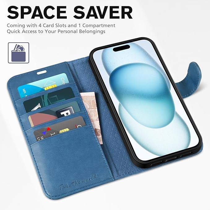 TUCCH Wallet Case for iPhone 15 6.1", Magnetic PU Leather Kickstand Flip Cover with 4 Card Slot Shockproof TPU Interior Shell, [RFID Blocking] Folio Case Compatible with iPhone 15 5G 2023, Light Blue