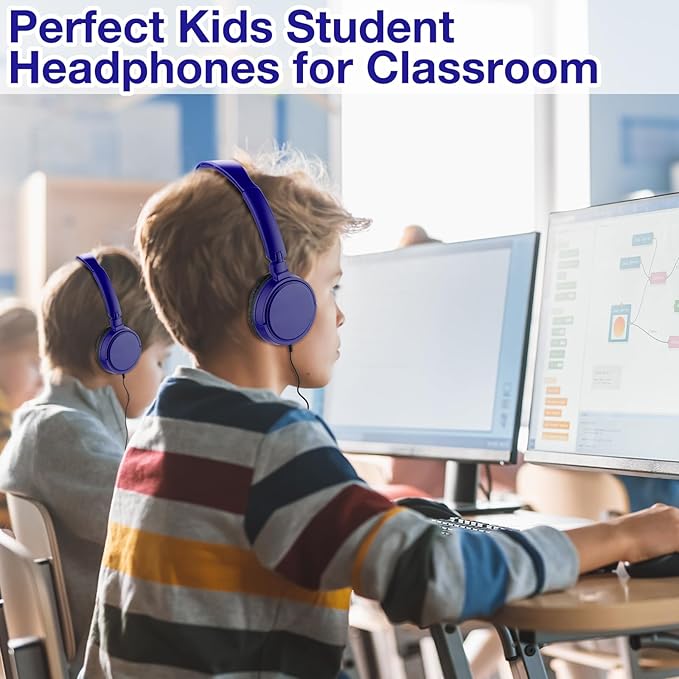 Yunsailing 18 Pack Classroom Headphones Bulk Student Wired Class Headphones Set for Kids School with Individually Wrapped Adjustable Over Ear Head Earbuds(Navy Blue)