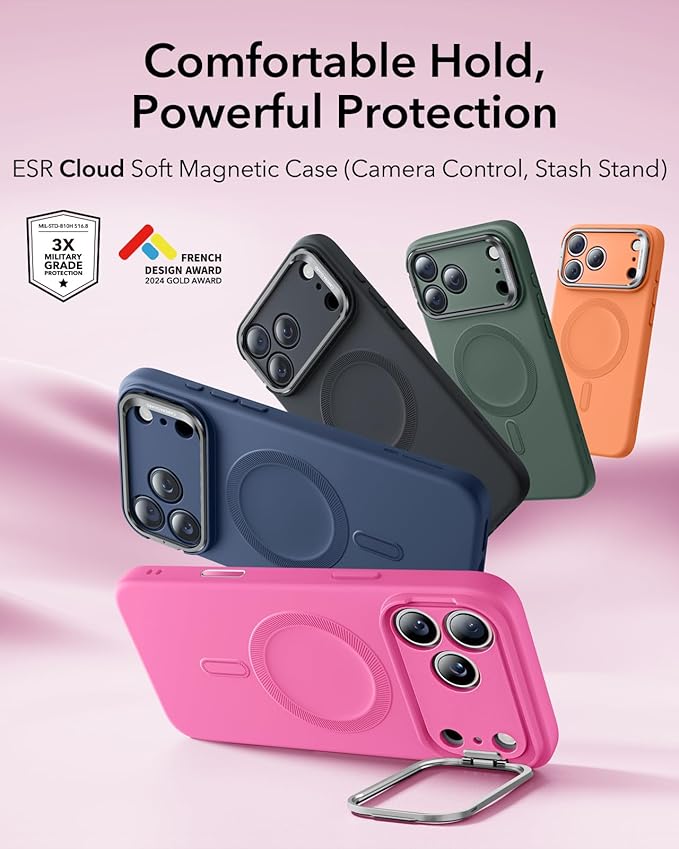 ESR Silicone Case for iPhone 17 Pro Max, Built-in Camera Stash Stand Compatible with MagSafe, Military-Grade Drop Protection Magnetic Phone Case for iPhone 17 Pro Max, Cloud Series, Rosy Pink