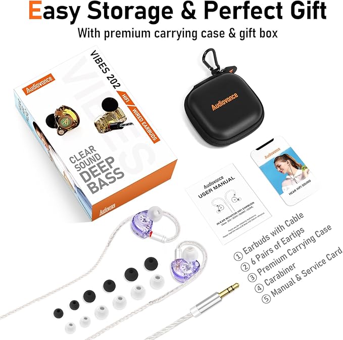 Vibes 202 Wired Earbuds - HiFi in Ear Monitor Headphones – Professional Noise-Isolating Ear Buds - Clear Sound, Deep Bass & Comfort-Fit IEM Earphones - MMCX to 3.5mm, Silver Plated Cord, Carrying Case