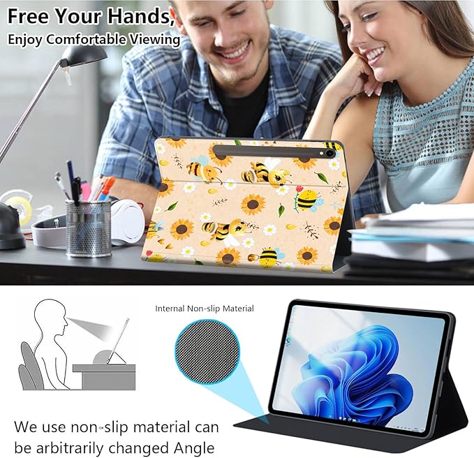 Slim Case for Samsung Galaxy Tab S10 FE / S9 FE 5G 10.9" & Tab S9 11", PU Leather Protective Cover, Multi-Angle Stand, Auto Sleep/Wake, Cute Bee