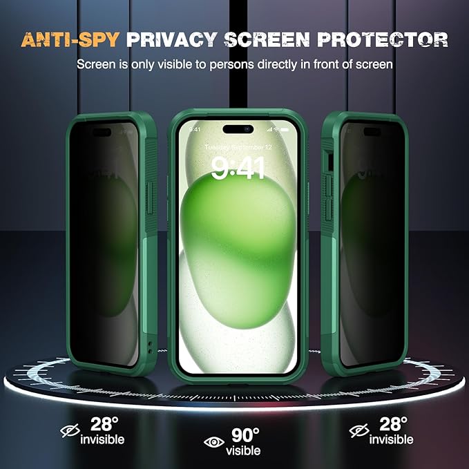 Diaclara Designed for iPhone 15Plus Case, [with Privacy Screen Protector] [Anti Spy] [Military Grade Drop Protection] Heavy Duty Full-Body Shockproof Phone Case,Green