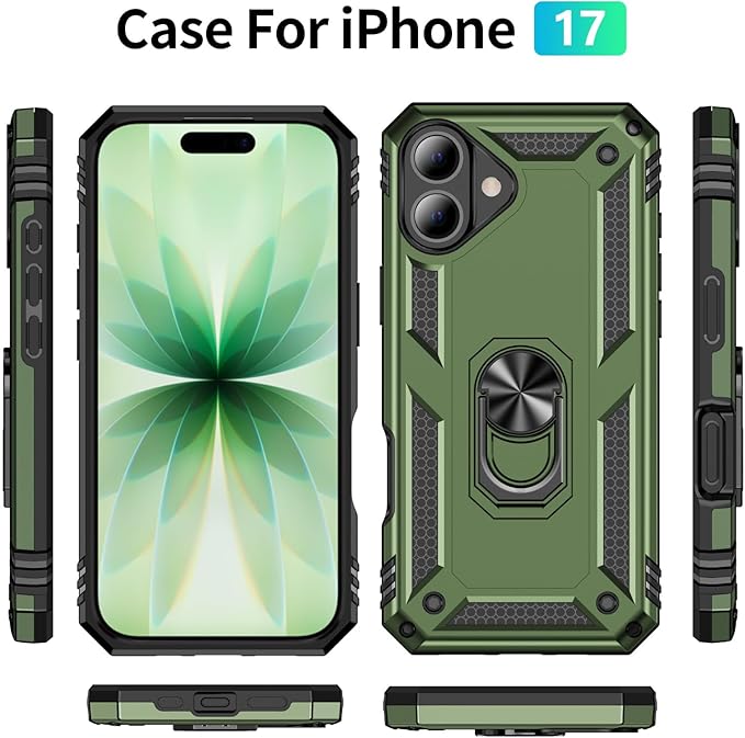 ADDIT Compatible with iPhone 17 Case with Tempered Glass Screen Protector, Adjustable Kickstand Ring, Military-Grade Heavy Duty Protection, Shockproof, Anti-Fingerprint,ArmyGreen