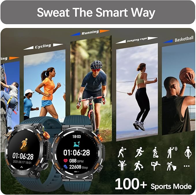 Military Smart Watch for Men with LED Flashlight Compass, Activity Tracker with 110+ Sports Mode Heart Rate Blood Pressure SpO2 Sleep Monitor, 1.46" HD Rugged Bluetooth Smartwatch for Android iOS