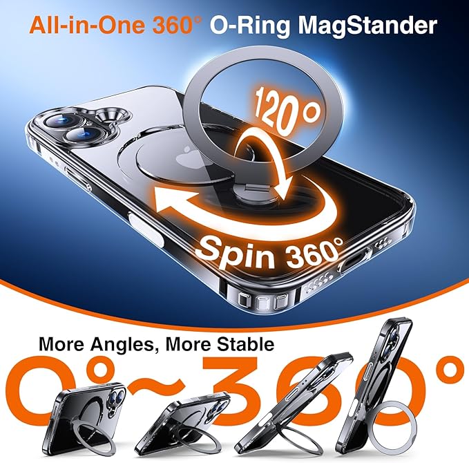 360° O-Ring MagStander for iPhone 16 Case with Magnetic Kickstand Ring Holder [Compatible with MagSafe][360°Rotate Stand Ring][Military Shockproof] iPhone 16 Phone Cover Clear