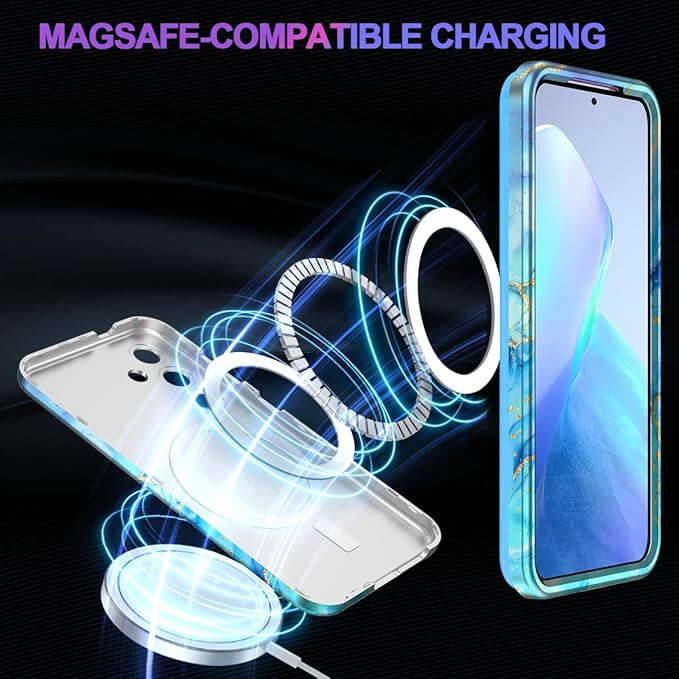 Casetego for Galaxy S24 Case,Compatible with MagSafe,[Military Grade Drop Test] Full Body Protection Slim Shockproof Rugged Marble Women Case for Samsung Galaxy S24 6.2 inch,Light Blue