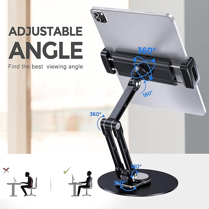 Tablet Stand Holder for iPad, Adjustable with 360 Rotating Base for Desk, Aluminum Swivel Tablet Stand Compatible with iPad Air, Mini, 10.2,9.7, Pro 11/13 and More, Black