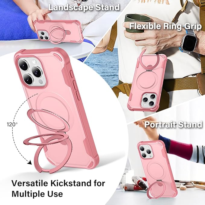Designed for iPhone 16 Pro Max Case with Magnetic Stand [Military Drop Protection][Compatible with Magnet] Shockproof 16 Pro Max Phone Case with Ring Holder, Pink