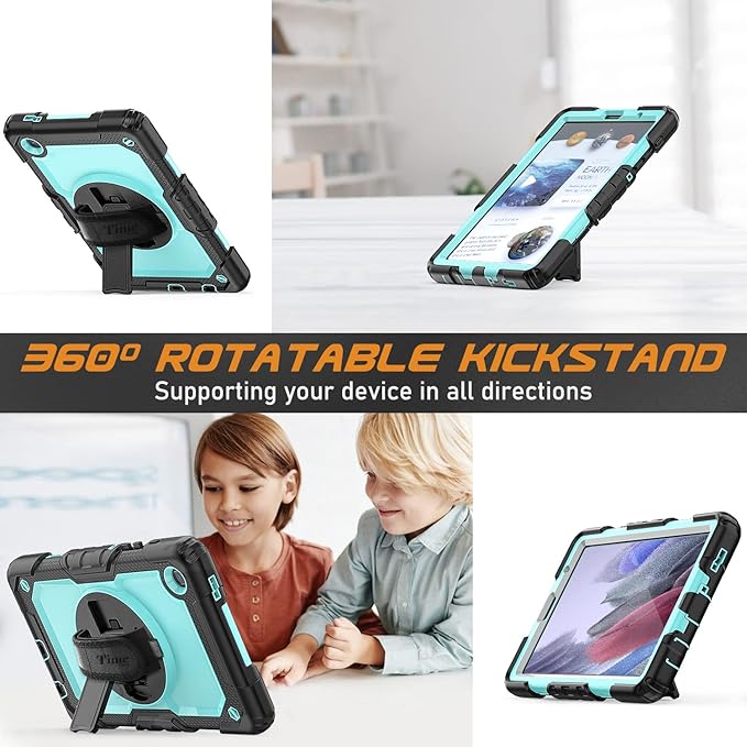 Timecity Case for Samsung Galaxy Tab A7 Lite Case 8.7 inch 2021 (SM-T220/T225/T227), Durable Sturdy Protection Case with Screen Protector 360° Rotating Stand Handle Shoulder Strap - Light Blue