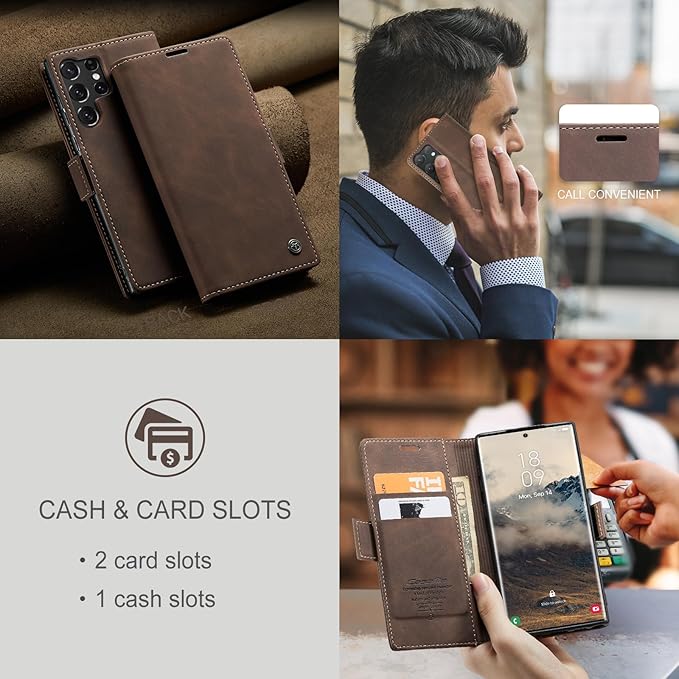 for Samsung Galaxy S25 Ultra Case, Flip Wallet Leather Case with Card Holder Magnetic Closure Shockproof Kickstand Protective Phone Cases Cover for Galaxy S25 Ultra, Coffee