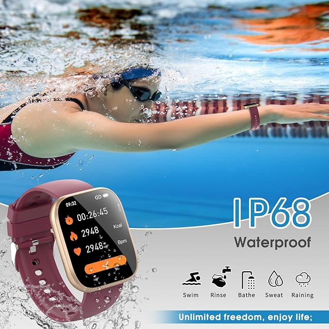 Smart Watch for Men Women Bluetooth Call, 1.85" HD Touch Screen Fitness Watch with Sleep Heart Rate Monitor, 112+ Sports Modes, IP68 Waterproof Activity Trackers for Android iOS, Burgundy