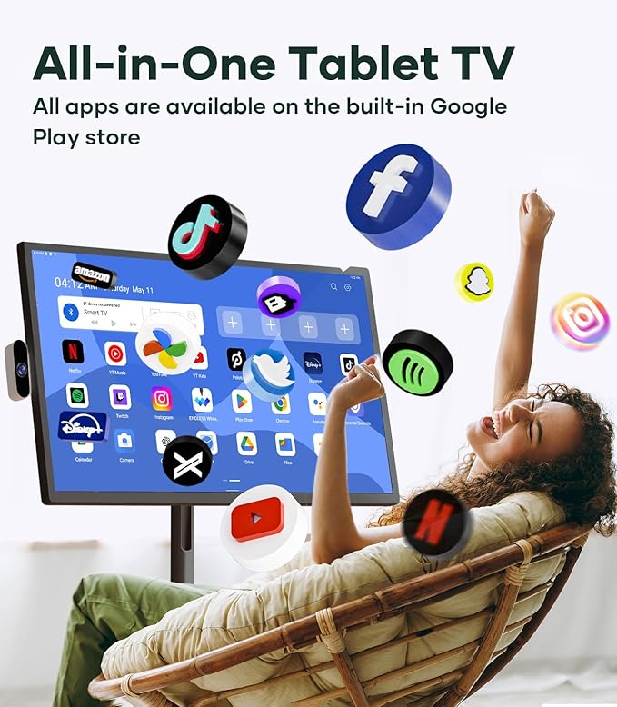 32 Inch Mobile Portable TV Stand on Wheels Support Google Store Full Swivel Rotation Portable Touch Screen Monitor Built-in Battery Smart Rolling Tablet TV 4K Camera Remote Control Black