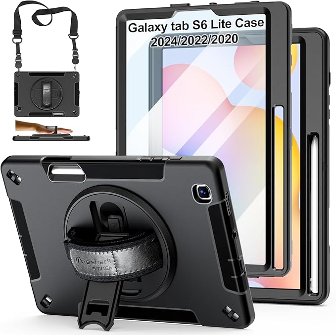 Case for Galaxy Tab S6 Lite 10.4 Inch 2024/2022/2020 : Military Grade TPU Shockproof Cover with Screen Protector - Stand - Shoulder Strap - Handle - S-Pen Holder for Samsung Tablet S6 Lite - Black